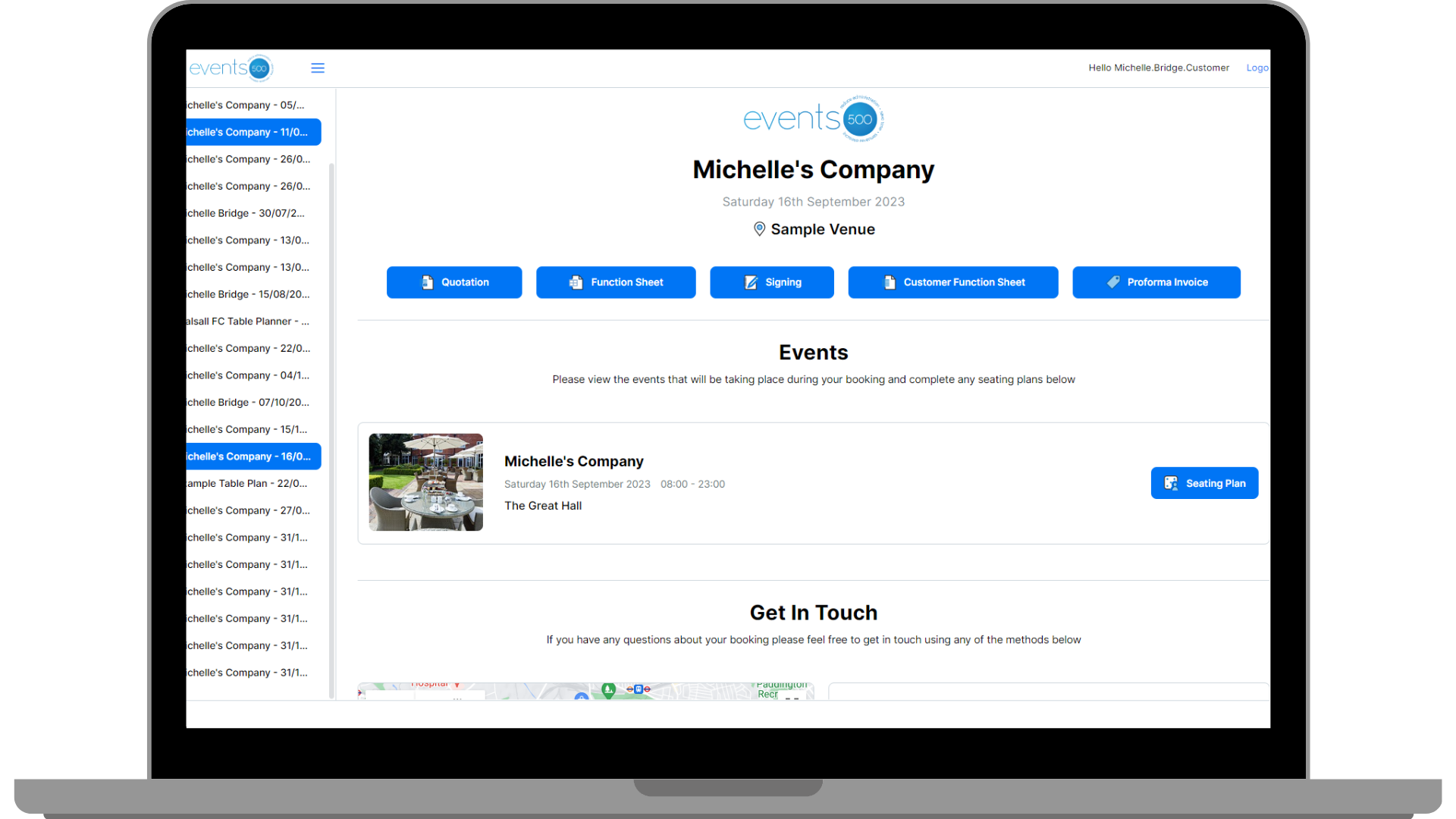 Events500 customer portal screenshot